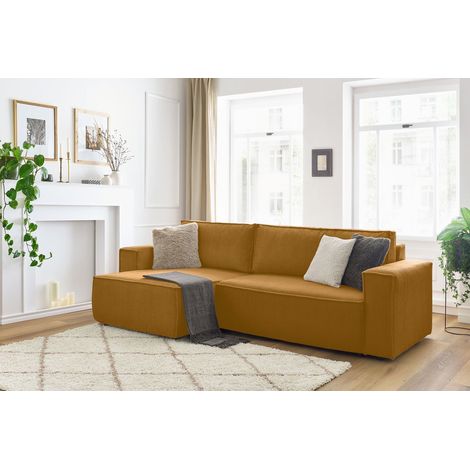 BOBOCHIC - Canapé d'angle réversible convertible coffre NIHAD velours côtelé   Jaune (1/5)