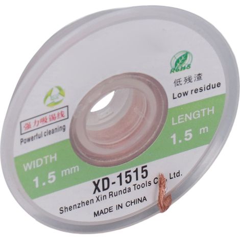 5-teiliges Entlötset mit Kupferlitze, 1,5 mm x 1,5 m Entlötlitze, geringe Flussmittelrückstände ohne Reinigung, sauberes Lötzinn, Breite 1,5 mm, Länge 1,5 m. (1/5)