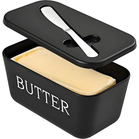 Burriera grande in plastica con coperchio e coltello, contenitore per burro, burriere, burriera piccola nera (1/5)