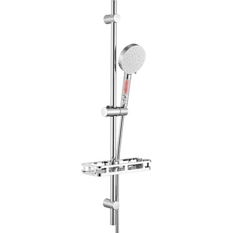 Colonne de Douche sans Robinet avec Douchette 6 Jets-Barre de Douche Réglable 900mm en Acier Inox-Support Coulissant à 360°-Étagère de Rangement Incluse-Finition Chrome Anti-Corrosion (1/5)