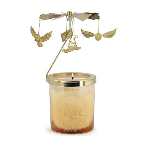 Harry Potter Vela perfumada Carousel en elegante cristal con accesorio de metal (230 g), diseño floral y fresco, hasta 50 h de combustión, color dorado, artículo oficial