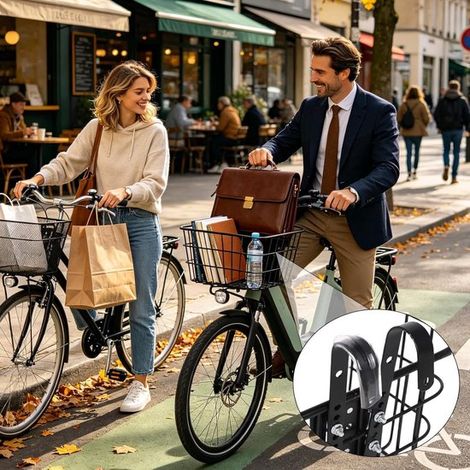Gancho para cesta de bicicleta - Soporte ajustable para bicicletas - Organiza tus bicicletas - Montaje rápido - Hasta 5 kg - Negro (1/5)