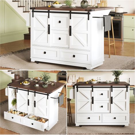 Chariot de Cuisine Mobile Multifonction avec Plateau Rabattable, Portes Coulissantes Style Barn Door, 3 Tiroirs et 2 Portes, Îlot de Cuisine, Bar et Buffet (1/5)