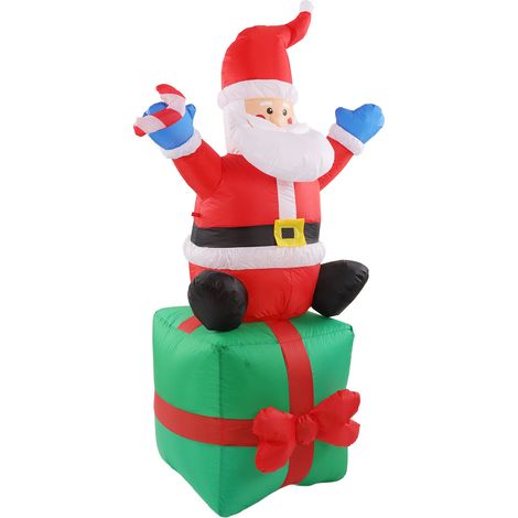 Père Noël gonflable de 180 cm (6 pieds) avec éclairage LED, décoration extérieure, assis sur une boîte cadeau, prise européenne 100-240 V. (1/5)