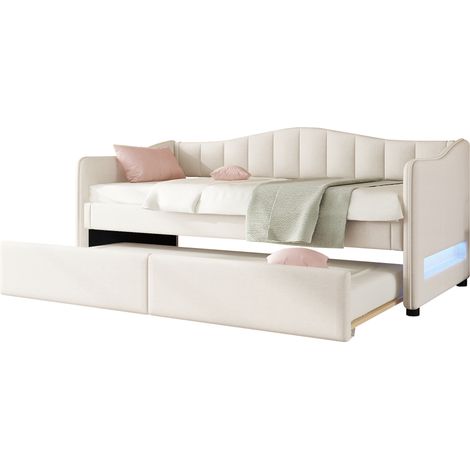 Banquette-lit 90x200 cm avec lit gigogne, LED d'ambiance, tissu beige, sans matelas, pour petit espace et chambre moderne CHICFURN (1/5)