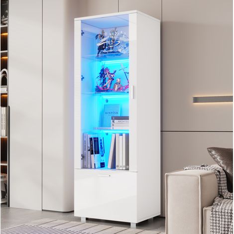 Vitrine 50/40/160 cm blanche brillante avec LED, portes en acrylique et 3 étagères en verre (1/5)