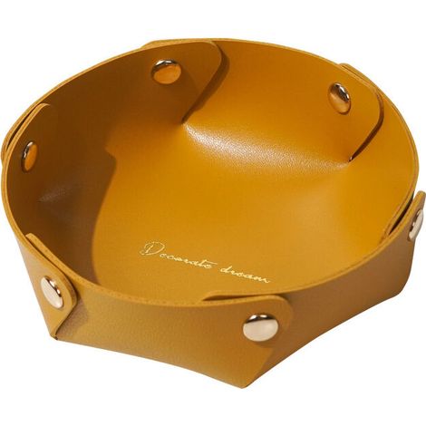 Plateau rond en cuir, plateau de rangement en cuir, plateau à bijoux en simili cuir, plateau de rangement pour pièces de monnaie pour clés, montres, fournitures de bureau, bijoux(jaune) (1/5)