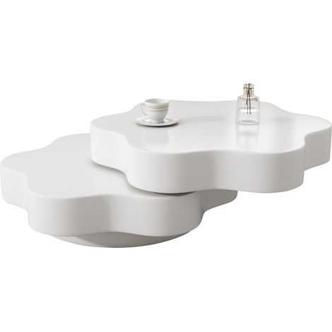 CHICFURN Mesa de centro giratoria en MDF crema blanco, mesa de salón de doble nivel con tablero superior 360°, diseño flor, 74,8x67,5x31 cm, 2 superficies (1/5)