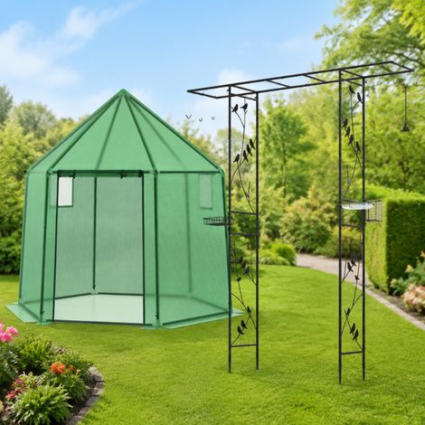 Ensemble « Jardinage et faune » (2 pièces) – Serre en PE accessible et arche de jardin de 213 cm avec mangeoire à oiseaux (1/5)