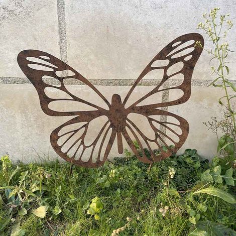 Silhouette déco papillon 50x40cm – Décoration en fer marron patiné – Pour jardin, massif de fleurs, pelouse – Installation facile – La Grande Prairie (1/4)