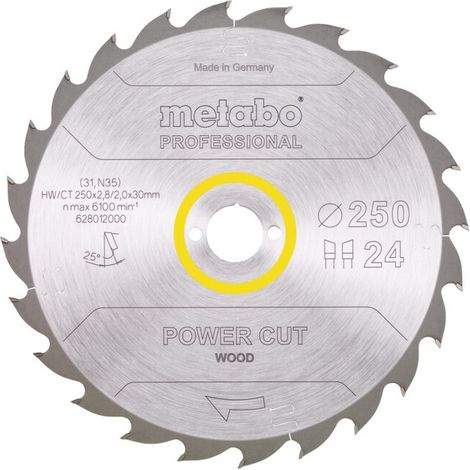 Lame de scie circulaire HW/CT 250 x 30 x 2,8/2,0, nombre de dents 24, affûtage en biseau alterné, angle d'attaque 25° metabo