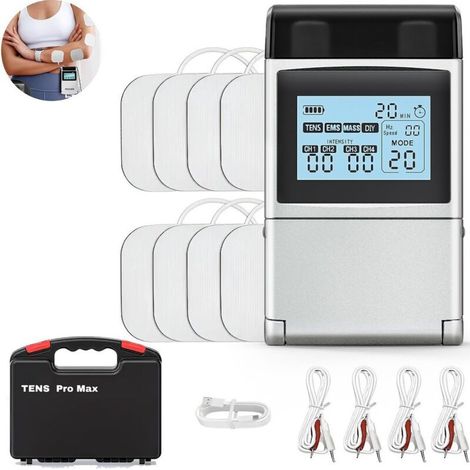 Stimulateur musculaire TENS/EMS à 60 modes avec molette et 4 canaux, étui de transport inclus, soulagement de la douleur et récupération musculaire, blanc-AquaForge (1/5)