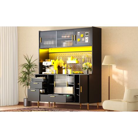 Aparador de cocina 140x40x180 cm negro en MDF con LED multicolor, puertas correderas de vidrio y panel perforado (1/5)
