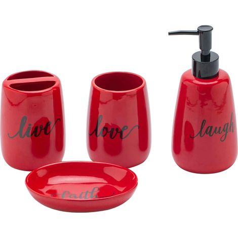 1 - Ensemble Accessoires Salle De Bain - Céramique - Distributeur Savon Porte Brosse À Dents Gobelet Porte Savon - Rangement Comptoir Décoration - Rouge - 20x15x10cm