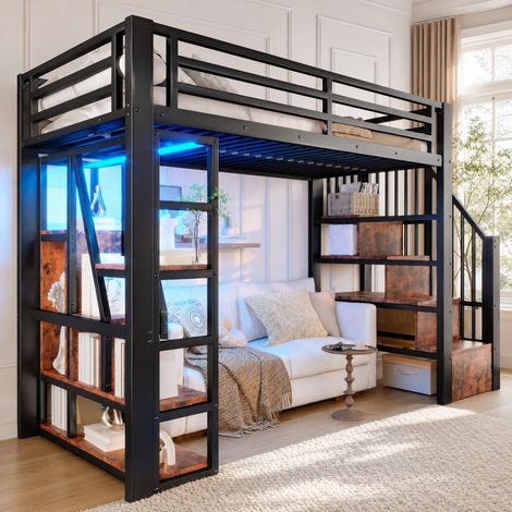 Kinder-Hochbett 90 x 200 cm aus Metall und MDF mit Treppe, Stauraum und LED, schwarz HAVRYA (1/5)