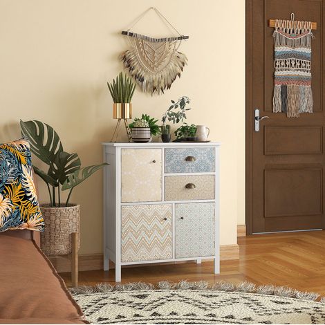 Cómoda de madera blanca shabby chic con 2 cajones y 3 compartimentos, 68x34x80 cm (1/5)