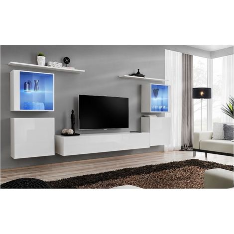 Ensemble meuble TV mural  - Switch XIV - 320 cm  x 150 cm  x 40 cm - Blanc - Livraison gratuite