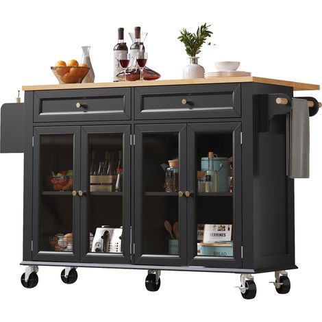 Carro de cocina con 2 puertas de cristal, 1 cajón, estantes abiertos, encimera extensible y ruedas, MDF, negro (1/5)