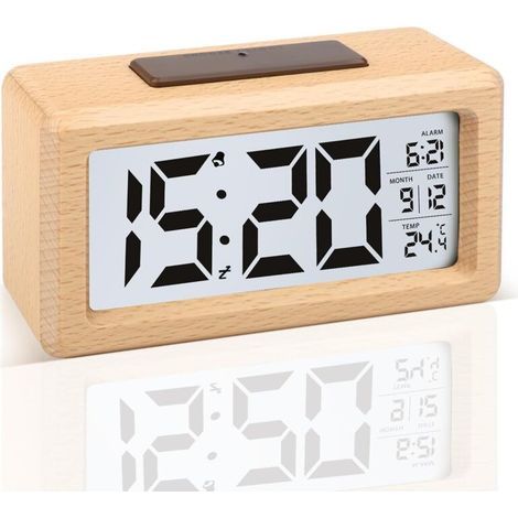 Réveil Numérique en Bois LCD Horloge Digitale sans Tic-tac avec Affichage Date Température Réveil à Piles avec Fonction Snooze (1/5)