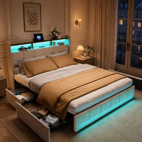 HYTKKBD - Lit Double 140x190 cm avec 4 Tiroirs,Lit Adulte avec Éclairage LED et Ports USB,Cadre de Lit avec Sommier à Lattes,Facile à Assembler,Tissu en Lin - Beige