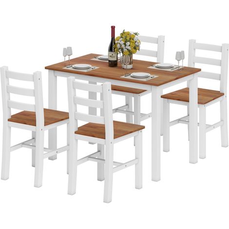 Essgruppenset, Esstisch, 4 Stühle, Esszimmerset, Kiefernholz, Braun+Weiß