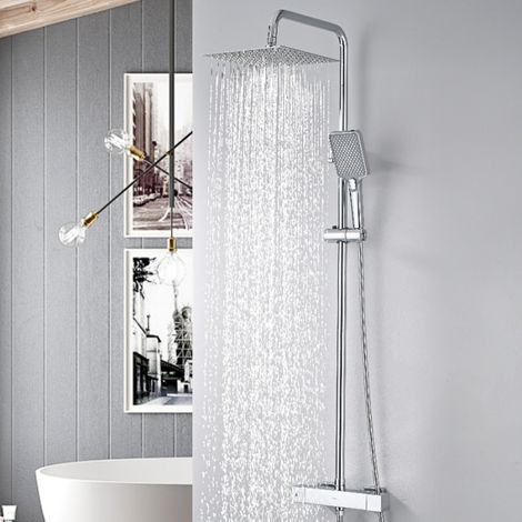 DETBOM Thermostat-Duschsäule Chrom-Duschsystem Elegantes Duschset mit Thermostatmischer für Badezimmer Quadratischer Regenduschkopf