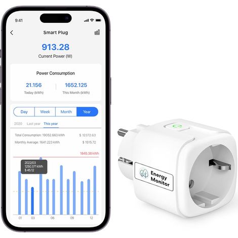 Prise Connectée avec Mesure Consommation Electrique et Programmateur Prise Telecommande WiFi compatible pour Domotique, 16A, 1 Pièce, Gestion Lampes, Cafetières et Chauffages (1/5)