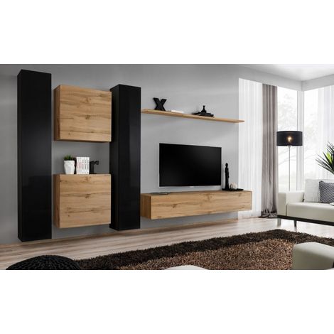 Ensemble mural - Switch VI - 2 vitrines verticales - 1 vitrine carrée - 1 banc TV - 1 étagère - Bois et noir - Modèle 2 - Livraison gratuite