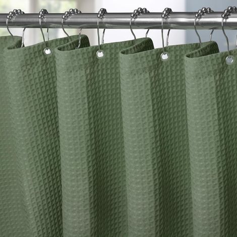 Rideau de Douche Motif Gaufre avec Anneaux en Métal Imperméable Anti-Moisissures Polyester Tissu Rideau Salle de Bain Lourd pour Baignoire Cabine de Douche 182x182CM (Vert) (1/5)