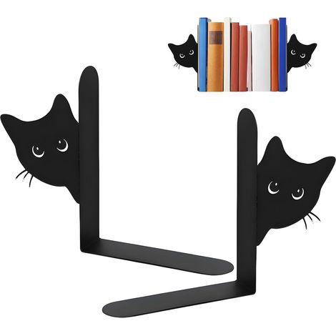 Lot de 2 serre-livres en métal en forme de chat pour l'école, le bureau et la maison (15 x 18 x 4 cm, noir) (1/5)