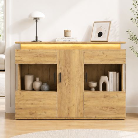 Credenza con Ante in Vetro, LED a 16 Colori, Porte USB e Tipo C, per Cucina, Rovere Chiaro, 120×40×79.5 cm (1/5)