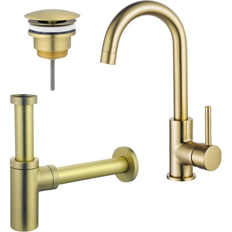 FugaFlow Eccelente Sobrado Kit robinet lavabo - robinet haut - bec rotatif - bonde non-obturable - siphon design - Laiton brossé PVD (1/4)