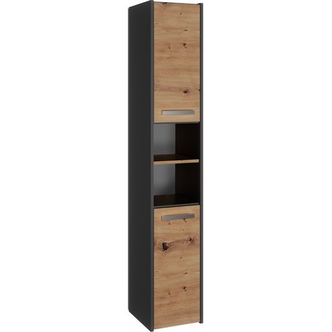 Topeshop – Colonne de salle de bain 170x30x30 cm – 2 portes – 5 étagères – Finition gris anthracite et aspect bois – À monter soi-même (1/5)