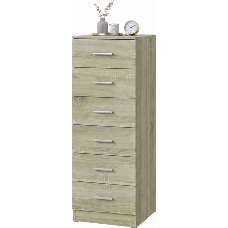 Commode 6 tiroirs, meuble de rangement, style moderne, pour chambre à coucher, entrée, couloir, 40x40x110cm, chêne, pour petit espace, rangement pratique (1/5)