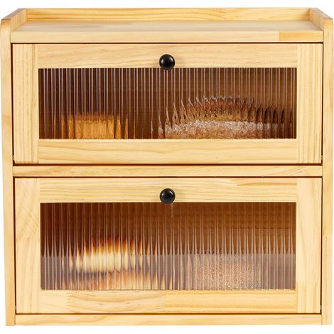 Boîte à Pain en Bois – Double Étage – Grand Modèle – Contenant Alimentaire – Ouverture Frontale – Vintage – Pour Fruits et Légumes – Garde Frais – Plan de Travail Cuisine-Wood (1/5)