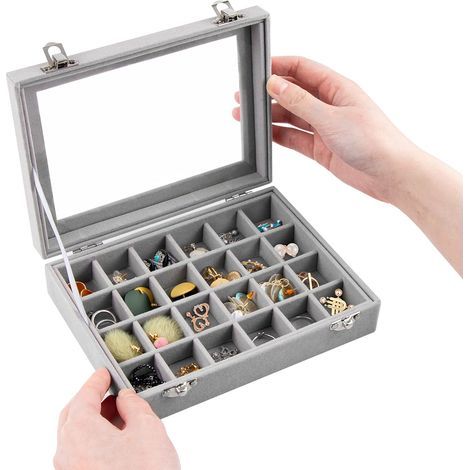 Boite a Bijoux en Velours Gris avec 24 compartiments, Rangement Bijoux et Voyage pour Bagues, Colliers, Bracelets, Boucles d’Oreilles et Montres (1/5)