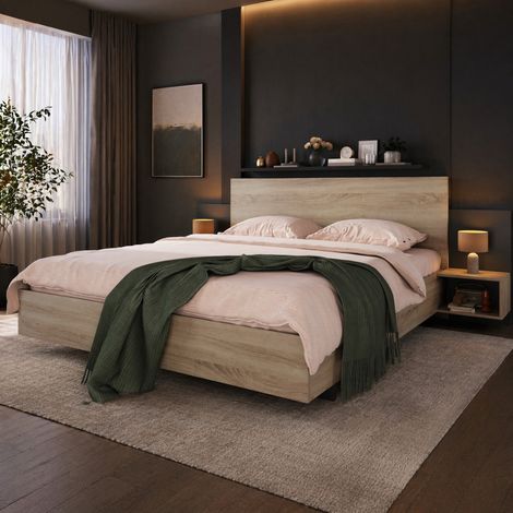 Cama 160x200 con 2 mesitas integradas, somier de láminas, roble Sonoma y gris oscuro HAVRYA (1/5)