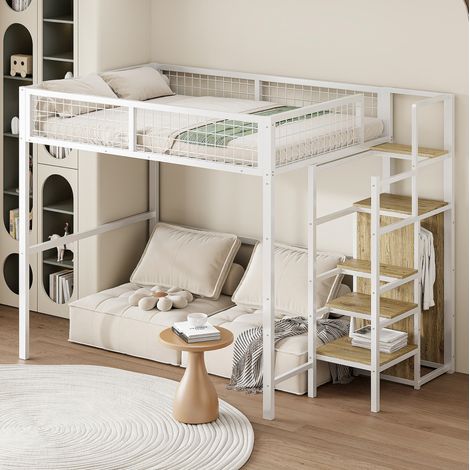 Letto a soppalco 140x200 cm bianco in metallo con armadio e scala contenitore (1/5)