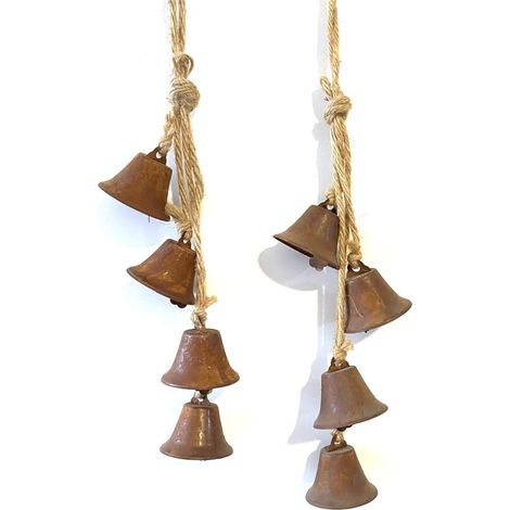 Cloche En Fer - Finition Laiton - Suspendue Avec Corde En Chanvre - 4 Cloches - Pour Décoration Intérieure Extérieure Noël - 42 Cm (1/3)