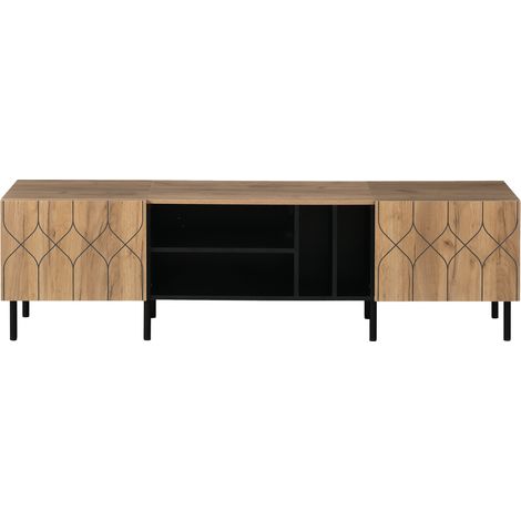Meuble TV avec 2 portes et 4 étagères ouvertes style naturel et noir 180x40x50 cm pour TV jusqu'à 70 pouces (1/5)