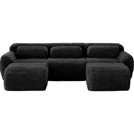 Sofá Modular 3 Plazas en Tela Aterciopelada con 2 Taburetes, Base Antideslizante, Asiento Amplio y 3 Cojines, Negro (1/5)