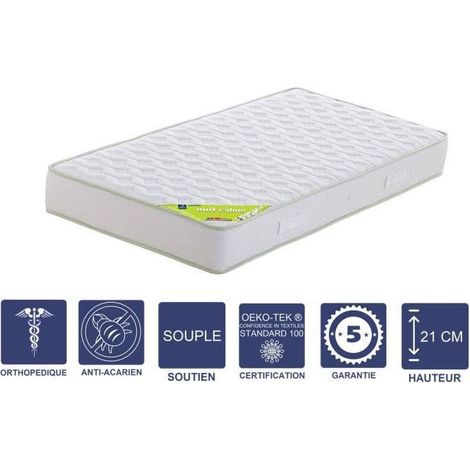 Matelas 90x200 x 21 cm + Alèse + Oreiller Visco - Souple - Aertech+ 35 Kg/m3 HR Dernière Génération - Très Respirant (1/4)