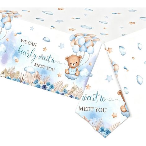 Babyparty Tischdecke Junge Blau, 180x108 cm, Wasserdicht, Teddybär Motiv