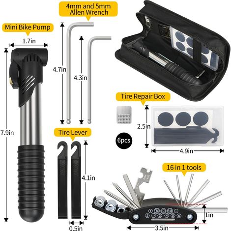 Kit de réparation vélo, sacoche de réparation avec pompe à pneus, trousse à outils pour vélo de camping, outil multifonction 16 en 1, kit de réparation de pneus, clés Allen de 4 et 5 mm, compatible VT (1/4)