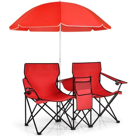 Set di 2 sedie pieghevoli da picnic 152 x 52 x 85 cm con ombrellone rimovibile e portabicchieri in acciaio rosso 200020602