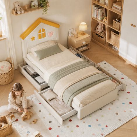 Letto cabina per bambini 90x200 cm con 4 cassetti, vano contenitore e testiera imbottita, velluto beige (1/5)