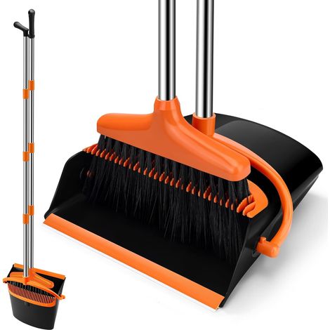 Besen- und Kehrschaufel-Set, Vertikalbesen-Set, faltbare Kehrschaufel mit Kammdesign, einziehbarer Besen, Besen-Set für Zuhause, Büro, Arbeitszimmer (orange)