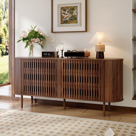 Modernluxe - Buffet, commode moderne 160 x 40 x 70 cm - avec 6 tiroirs - Pieds en métal - Placage noyer - MDF - Marron (1/5)