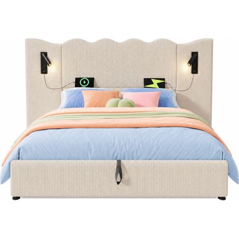 Letto contenitore 180x200 con lampada da lettura, USB Type-C, tessuto cord beige e bianco DESVIAE (1/5)