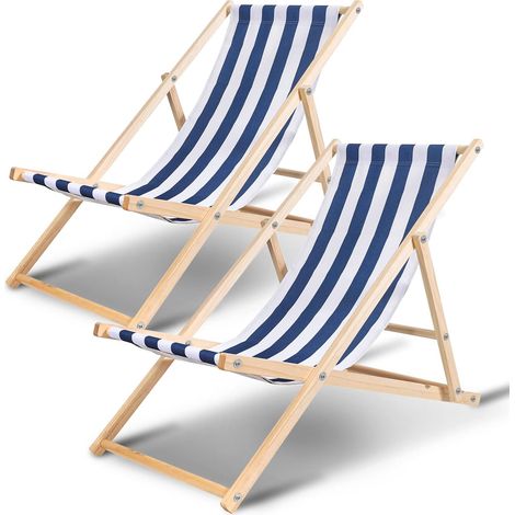 Lot de 2 chaises longues pliantes en bois, pliantes, capacité maximale 120 kg, réglables, résistantes aux intempéries, en bois, pour camping, balcon, piscine, couleur bleu et blanc, 2 unités (1/5)